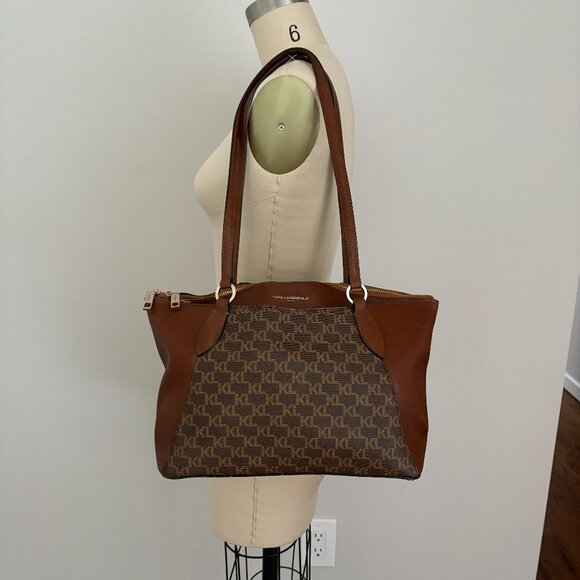 Karl Lagerfeld Paris Brown Monogram Large Paris Suki Tote Purse - Picture 1 of 16